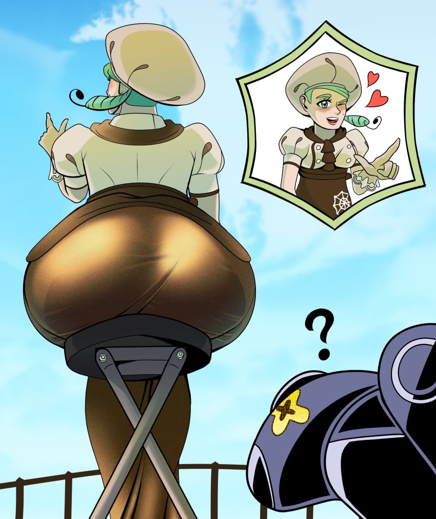 ? apron ass ass_focus ass_in_dress beauty_mark big_ass big_butt blue_sky blush bottom_heavy bubble_butt curvy dat_ass dual_dragon fat_ass female fence from_behind gloves green_eyes green_hair gym_leader hat heart huge_ass katy_(pokemon) large_ass nintendo nymble pointing pokemon pokemon_sv presenting_hindquarters question_mark simple_background sitting wink