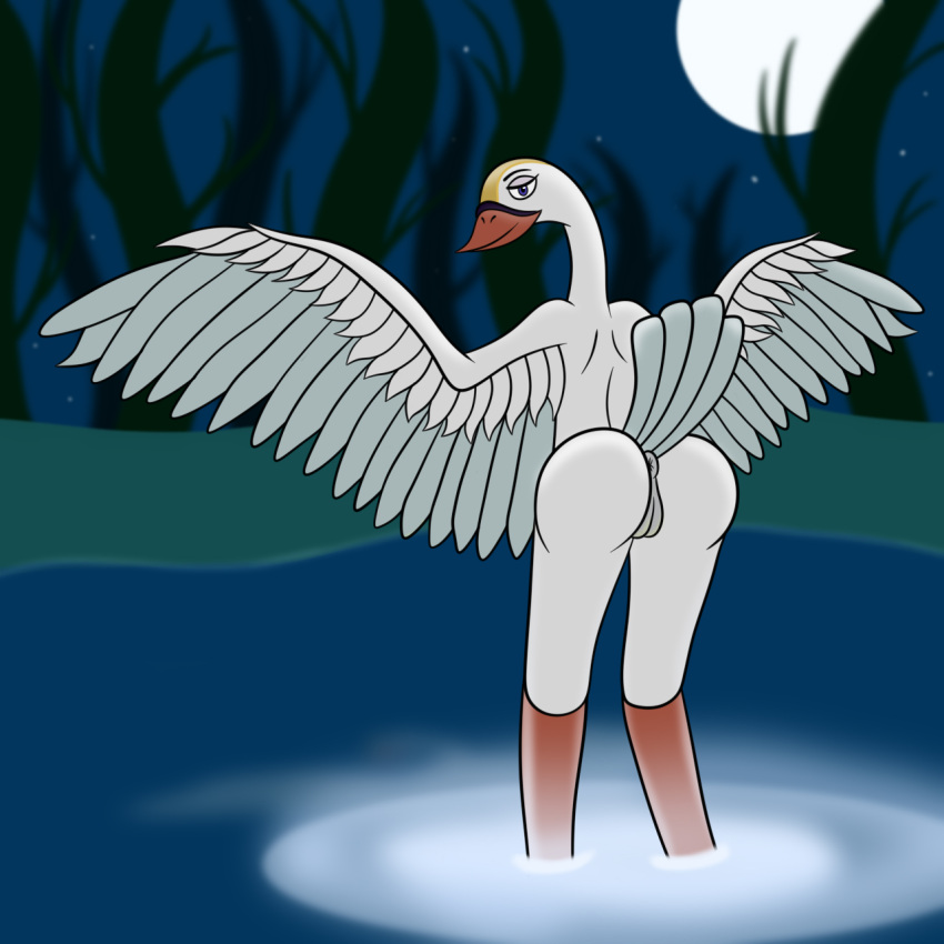 anatid anseriform anserinae anthro anthrofied anus ass avian beak bird detailed_background feathers female genitals hi_res looking_at_viewer looking_back moon nude plant princess_odette pussy sharkinwaves smile solo spread_wings swan the_swan_princess tree white_body wings