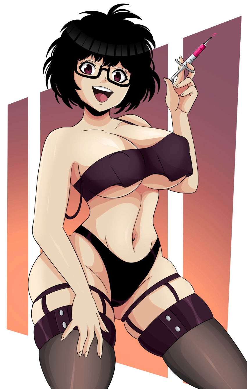 big_breasts black_clover black_hair breasts glasses looking_at_viewer red_eyes sally_(black_clover) short_hair smile thick_thighs thighs tongue