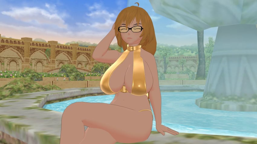 1girls 2022 3d bikini braided_hair braided_ponytail breasts brown_hair dark-skinned_female fountain glasses golden_bikini large_breasts long_hair navel professor_rumpole rwby shortstack sitting theblackbirdcalls