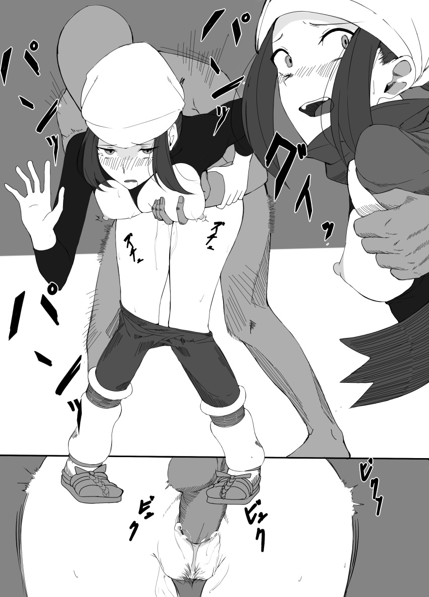 1boy 1boy1girl 1girls 2021 akari_(pokemon) blush clothed clothed_rape clothing doggy_style faceless_male female footwear forced game_freak grabbing_from_behind hat headgear headwear keiz looking_at_partner male medium_hair monochrome nintendo open_mouth penis pokemon pokemon_legends:_arceus pussy pussy_juice rape ripped_clothes ripped_clothing shivering thighs tight_clothing