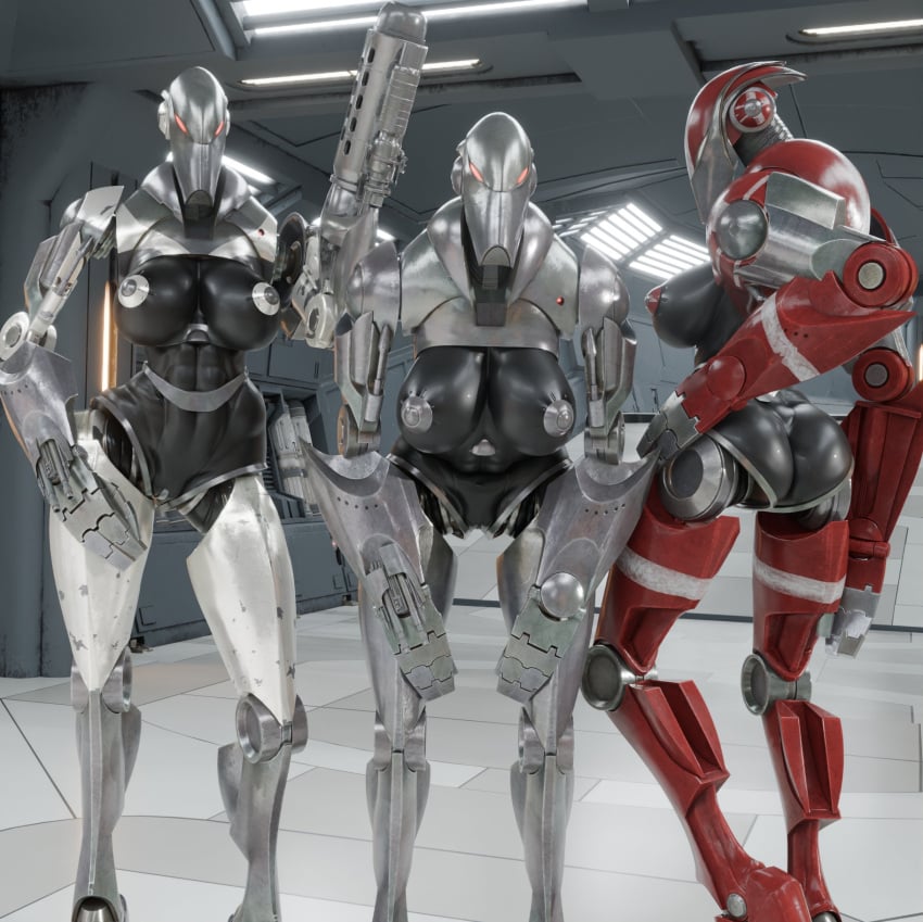 3d 3d_(artwork) 3d_render 3girls b2_super_battle_droid battle_droid big_breasts breasts clanker droid_(star_wars) female female_only nipples pussy red_eyes robot robot_girl soundpunk501 star_wars thick_thighs