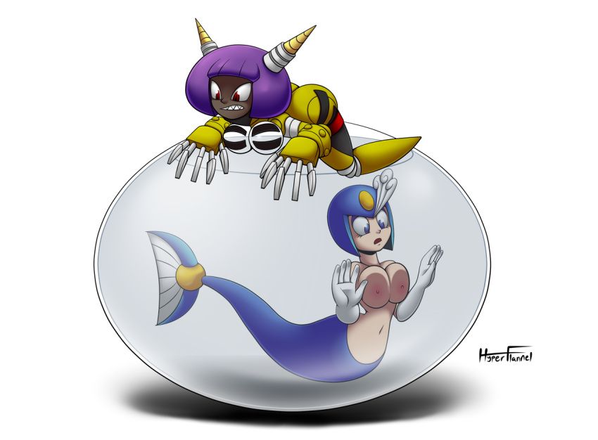 2girls breasts_against_glass dark_skin dynatron female female_only gloves horns hyperflannel mega_man mega_man(classic) mermaid mermaid_tail mighty_no._9 multiple_girls purple_hair robot robot_girl sharp_teeth solo splash_woman transparent_background trapped