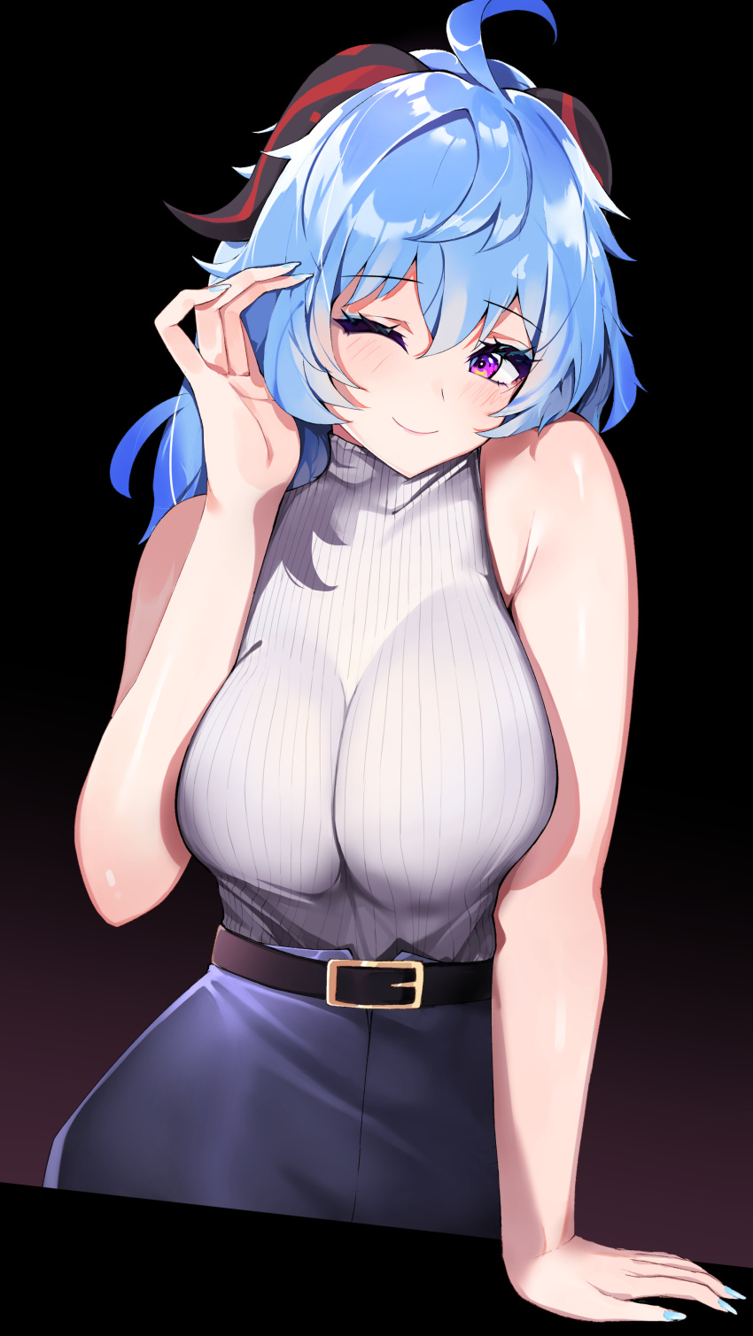 1girls adeptus ahoge bare_arms bare_shoulders belt big_breasts blue_hair blue_nails blush blushing breasts closed_mouth closed_smile clothed clothed_female clothes clothing eyebrows_visible_through_hair female female_only ganyu_(genshin_impact) genshin_impact hair_between_eyes hand_on_hair hips horns light-skinned_female light_blue_nails light_skin mouth_closed mutsu_ane_daisuki one_closed_eyes one_eye_closed pressing_breasts_together purple_eyes qilin shiny_skin simple_background sleeveless sleeveless_shirt smile smiling solo solo_focus topwear turtleneck white_turtleneck wide_hips wink