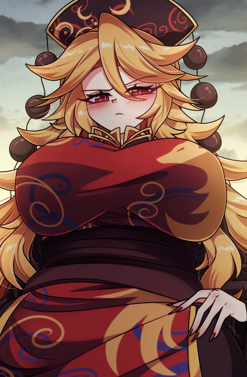 absurdres black_headwear blonde_hair blush breasts closed_mouth female fingernails from_below frown half-closed_eyes hand_on_own_hip highres junko_(touhou) large_breasts littlecloudie long_hair looking_at_viewer mature_female milf red_eyes red_nails sharp_fingernails solo touhou