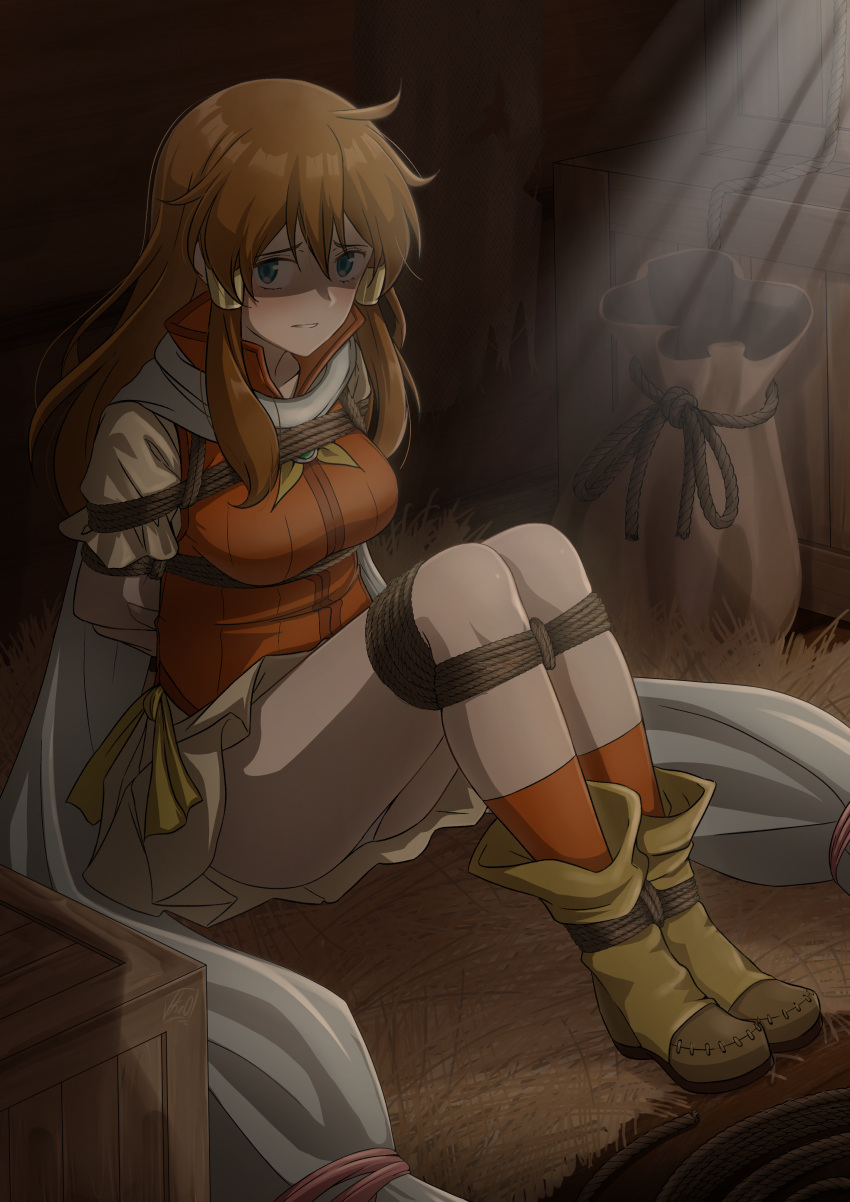 1girls absurdres ass bag big_ass blue_eyes bondage boots box breasts brown_hair commission dappled_sunlight distress female female_only fire_emblem fire_emblem:_radiant_dawn hair_tubes highres indoors long_hair medium_breasts miniskirt mist_(fire_emblem) nintendo orange_socks orange_vest panties pantyshot pantyshot_(sitting) restrained scarf shaded_face short_sleeves sitting skirt socks solo sunlight underwear upskirt vakaosciosa vest white_panties white_scarf white_skirt