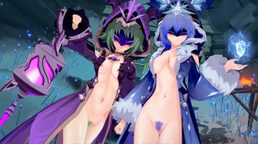 2girls blue_hair cicin_mage_(genshin_impact) female female_only genshin_impact magenta_hair multiple_girls pussy tagme