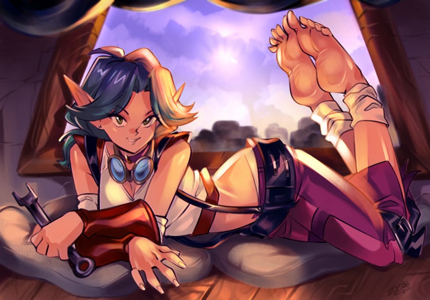 1girls barefoot feet feet_up jak_and_daxter keira_hagai lying_on_side purple_hair z0mbieraptor