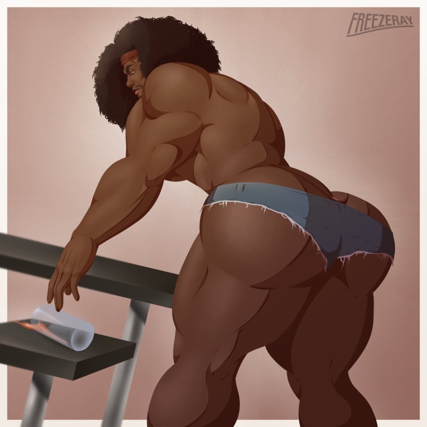 1boy 1human 1male 2d 2d_(artwork) 2d_artwork bara bara_ass bara_tiddies bara_tits beefy big_ass big_ass_(male) big_butt bubble_ass bubble_butt commission daisy_dukes dark-skinned_male dark_skin dumptruck_ass dumptruck_butt fat_ass fat_butt freezeray04 himbo huge_ass huge_butt long_hair male male_focus male_only masculine melanin muscles muscular muscular_ass muscular_butt muscular_male oc original original_character picking_up plump_ass plump_butt round_ass round_butt scantily_clad skimpy_bottomwear solo solo_focus solo_male spilled_drink thick_ass thick_butt thong