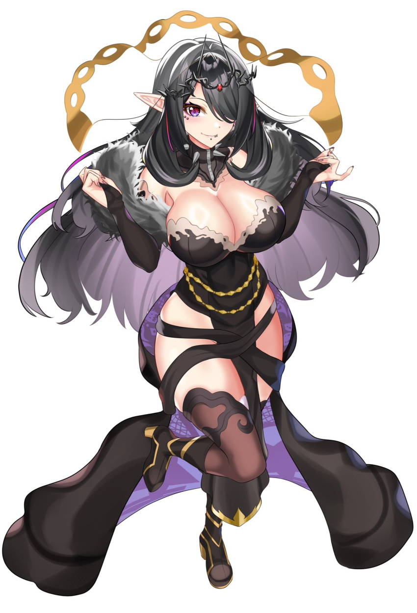 big_breasts black_hair breasts elara_(vtuber) elf elf_ears elf_female full_body goth hair_over_one_eye huge_breasts indie_virtual_youtuber large_breasts simple_background tachi-e virtual_youtuber white_background