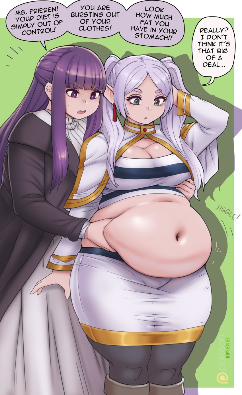 bbw belly_grab belly_overhang big_belly big_breasts big_female blush chubby chubby_female embarrassed fat fat_ass fat_female fat_fetish fat_girl fat_woman fatty fern_(sousou_no_frieren) forced_presentation frieren grabbing_belly in_denial kipteitei large_female obese obese_female overweight overweight_female plump pork_chop scolding sousou_no_frieren speech_bubble thick_thighs weight_conscious weight_gain