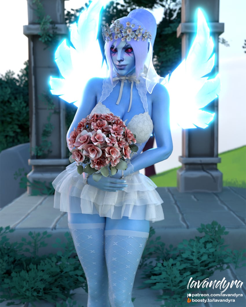 1girls 3d 3d_(artwork) blender blue_skin blush blush bride dota_2 flowers lavandyra looking_at_viewer outside red_eyes smile thighhighs thighs vengeful_spirit white_hair wings