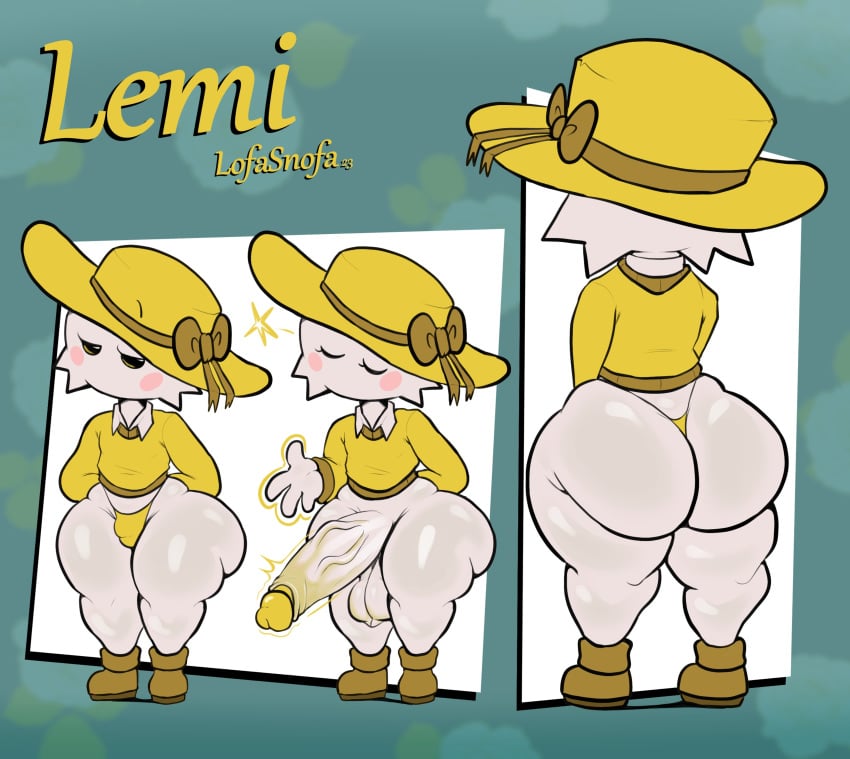 1boy 1femboy ass balls ballsack big_ass big_penis big_thighs boots bottom_heavy bottom_heavy_femboy character_sheet closed_eyes curvy curvy_body curvy_figure erect_penis erection fat_ass femboy femboy_focus femboy_only fur girly half-closed_eyes hat hat_bow hips hips_wider_than_shoulders huge_ass huge_cock humanoid hung_trap large_penis lemi lofasnofa looking_at_viewer male male_focus male_only mouthless original original_character partially_clothed penis rear_view solo sweater teapot_(body_type) text thick_ass thick_thighs thighs thong topwear trap veiny_penis white_body wide_hips yellow_hat