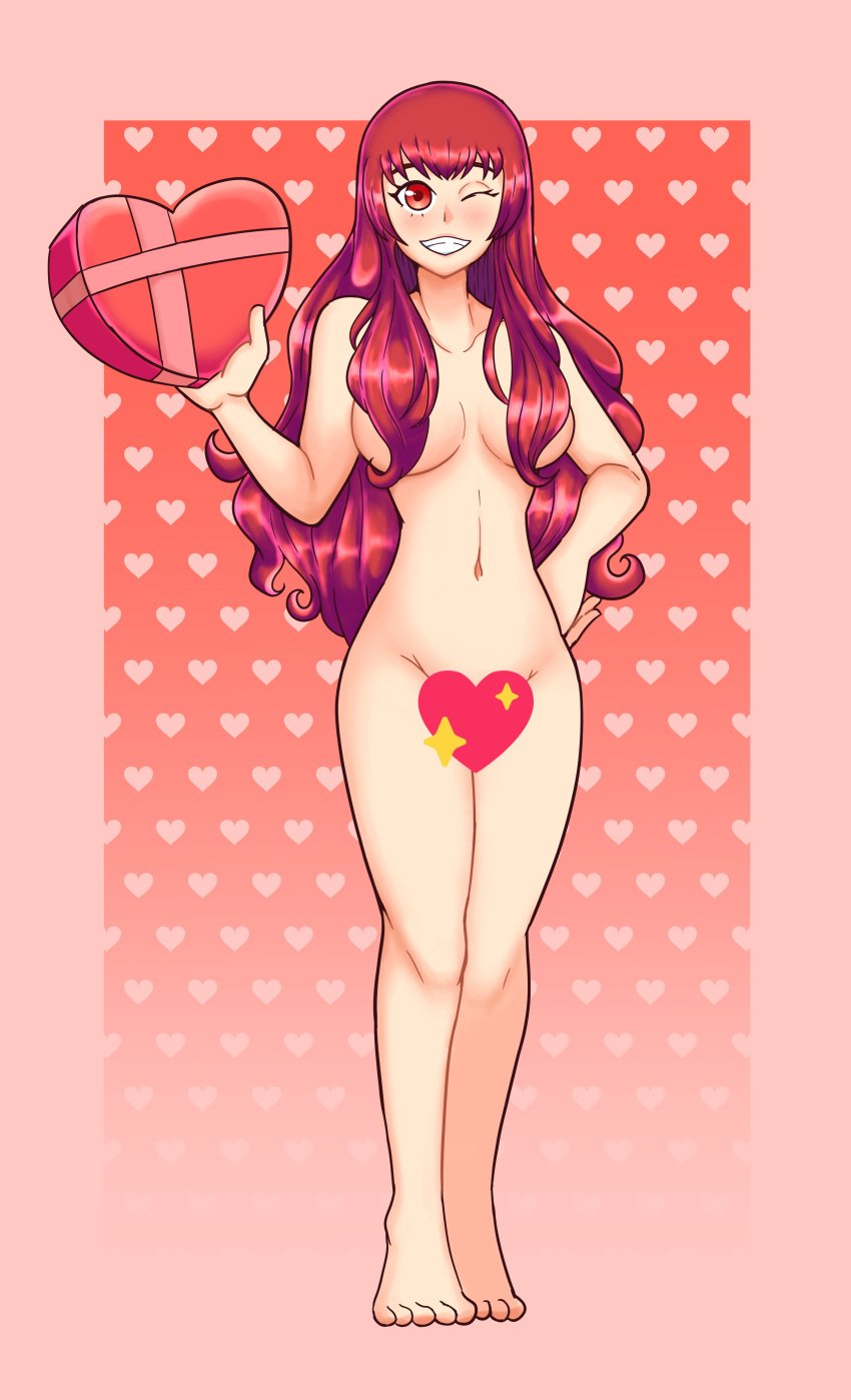 1girls barefoot breasts censored chocolate completely_nude female female_only fire_emblem fire_emblem_engage food grin hair_censor heart long_hair medium_breasts nintendo nude nude_female one_eye_closed red_eyes red_hair smile solo uc-four valentine's_day very_long_hair yunaka_(fire_emblem)