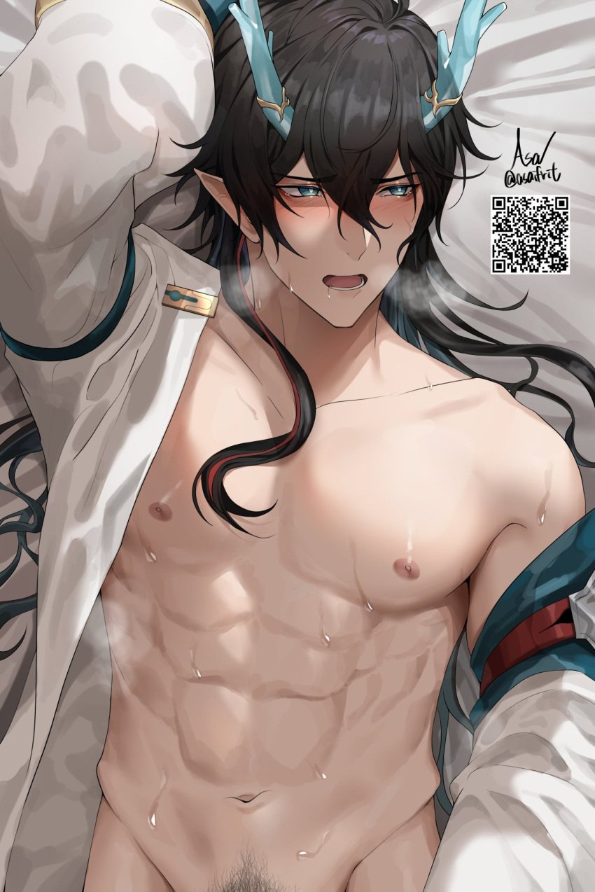 1boy abs asaifrit blush dan_heng dan_heng_(imbibitor_lunae) dragon_horns honkai:_star_rail long_hair male male_only musk pubic_hair shirt_open sweat sweating