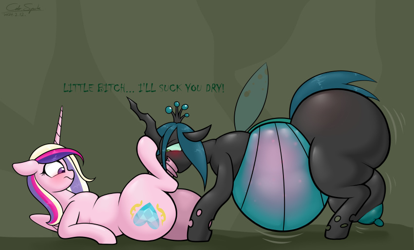 absurd_res alicorn anatomically_correct animal_genitalia animal_penis areola arthropod ass balls belly belly_expansion big_balls big_butt big_penis blushing_profusely bodily_fluids bottom_heavy butt_expansion cdrspark changeling crotchboob cum cum_inside cumflation duo english_text equid equine equine_genitalia equine_penis expansion fellatio female feral friendship_is_magic genital_fluids genitals glowing_belly gynomorph hasbro hi_res horn horse huge_balls huge_belly huge_butt huge_cock inflation intersex intersex/female mammal my_little_pony nipples oral penile penis pony princess_cadance_(mlp) puffy_areola puffy_nipples queen_chrysalis_(mlp) sex size_difference smug_face text thick_thighs transparent_belly wings