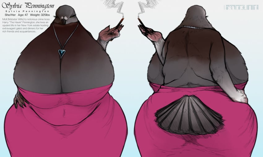 absurd_res anthro ass avian band1tnsfw belly belly_overhang big_breasts big_butt bird breasts clothing columbid digital_drawing_(artwork) digital_media_(artwork) dress english_text feathers female female_anthro front_view grey_body grey_feathers hi_res huge_breasts jewelry mature_anthro mature_female necklace pigeon pink_clothing portrait rear_view simple_background smoking solo sylvia_pennington_(band1tnsfw) text thick_thighs tight_clothing tight_dress