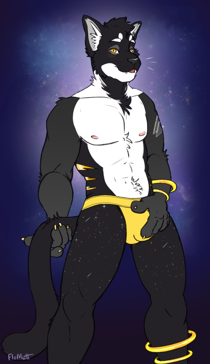 absurd_res anthro bulge clothed clothing detailed_bulge eye_contact felid feline floyote hi_res jockstrap jockstrap_only looking_at_another male mammal solo topless underwear underwear_only