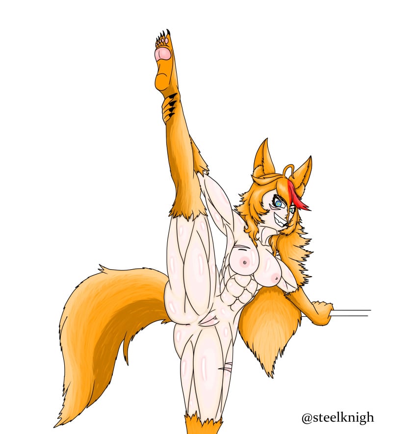 1girls abs athletic athletic_female blue_eyes buffpup_(vtuber) dog_ears dog_girl dog_tail female female_only fit fit_female flexible leg_grab leg_up looking_at_viewer monster_girl muscular muscular_female naked naked_female nude_female orange_fur orange_hair pink_nipples scar scars smiling steelknigh virtual_youtuber visible_nipples visible_pussy watermark werewolf_girl