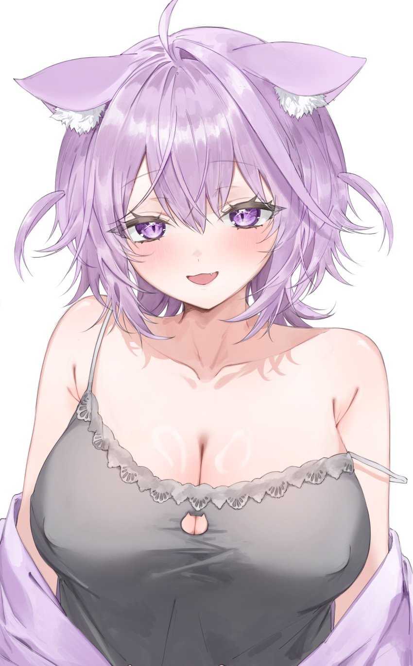 animal_ear_fluff animal_ears bare_shoulders big_breasts blush breasts cat_ears cleavage collarbone erect_nipples erect_nipples_under_clothes eyebrows eyebrows_visible_through_hair eyelashes hololive hololive_gamers hololive_japan looking_at_viewer nekomata_okayu nipple_bulge open_mouth pu3xn purple_eyes purple_hair simple_background solo strap_slip upper_body virtual_youtuber white_background