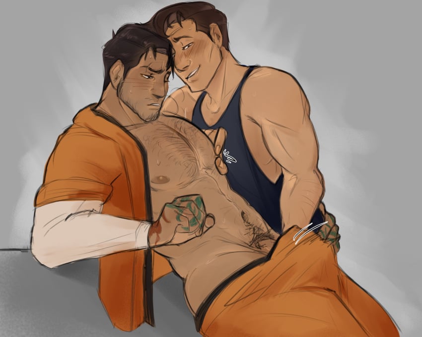 2boys abs bara bare_pectorals beard_stubble black_tank_top blush couple crotch_grab facial_hair from_side hairy hand_in_pants highres interracial johnny_cage kenshi_takahashi large_pectorals male_focus mature_male mortal_kombat mortal_kombat_(series) mortal_kombat_1_(2023) motion_lines multiple_boys muscular muscular_male navel navel_hair netherrealm_studios nico_(velcromancy) nipples open_clothes open_shirt pectorals penis penis_peek seductive_smile short_hair smile sparse_chest_hair sparse_navel_hair stomach stubble tank_top thick_eyebrows yaoi