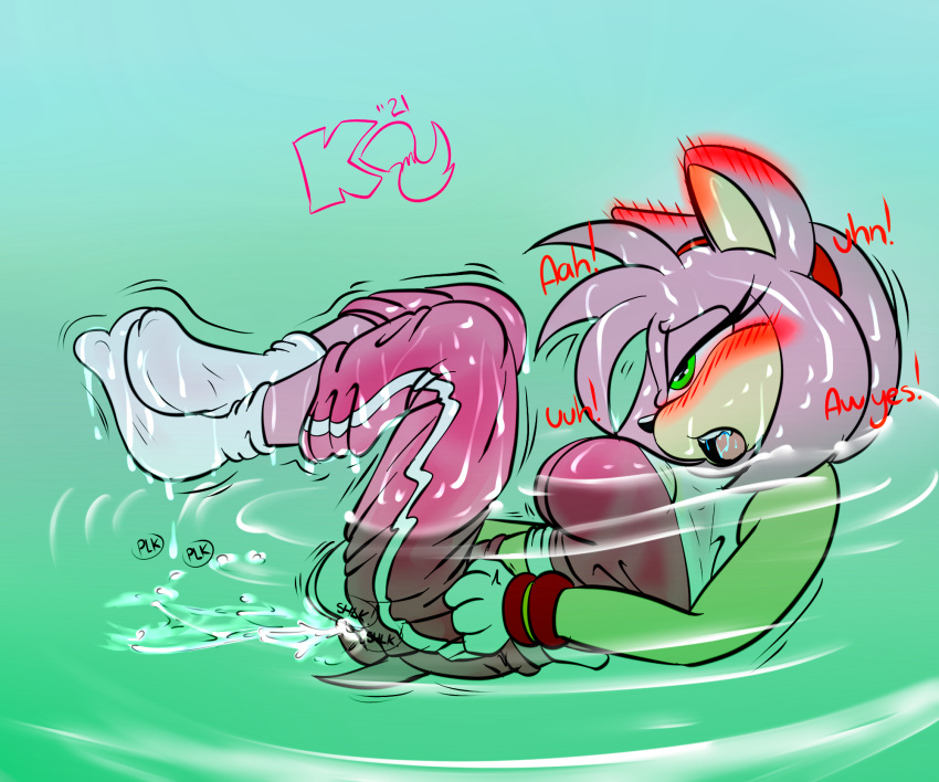 2021 amy_rose anthro blush bodily_fluids clothed clothed_masturbation clothing ejaculation english_text eulipotyphlan female fully_clothed genital_fluids gloves green_eyes handwear hedgehog hi_res kitsu_(artist) mammal masturbation masturbation_through_clothing medium_breasts pussy_ejaculation sega solo sonic_(series) sonic_riders sonic_the_hedgehog_(series) sweat text vaginal_fluids water