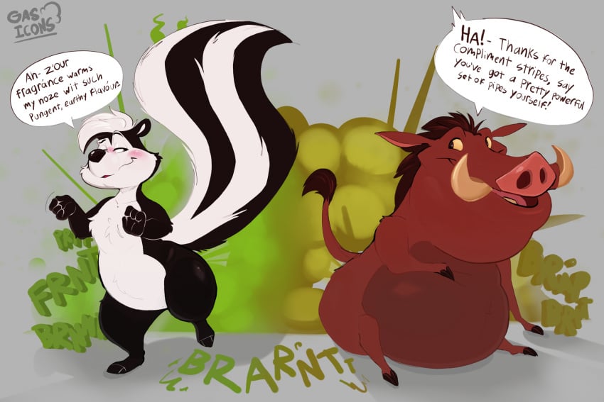 anthro belly big_belly cartoonish_animal dialogue dirty_talk disney duo fart fart_cloud feral gassy hi_res hyper hyper_fart looney_tunes male male/male mammal mephitid nude onomatopoeia overweight overweight_male paws pepe_le_pew pumbaa raised_leg raised_tail ruben_sling sitting skunk slightly_chubby smelly sound_effects speech_bubble suid suina tail text the_lion_king warner_brothers warthog