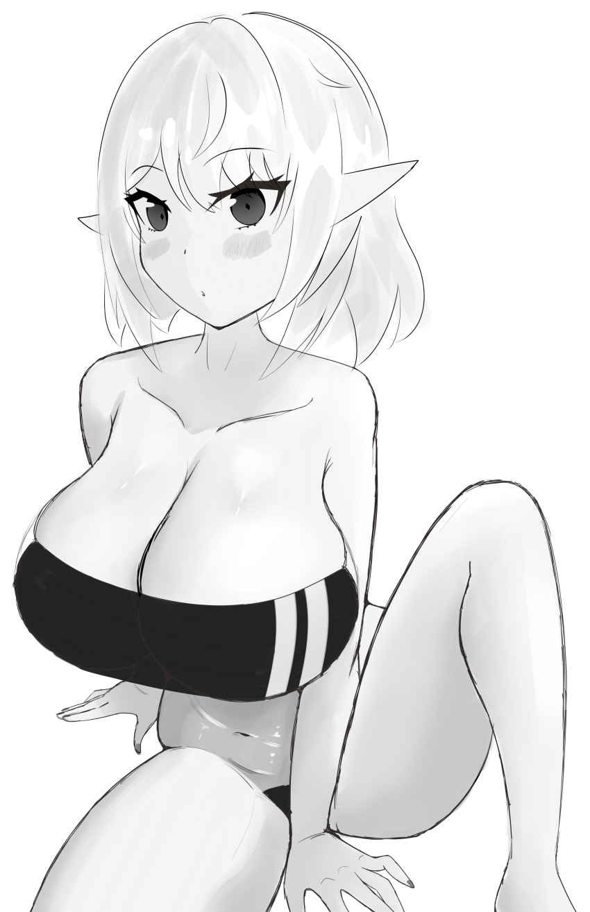 1girls blush elara_(vtuber) elf elf_ears elf_female greyscale indie_virtual_youtuber looking_at_viewer monochrome ricepanda69 simple_background sketch swimsuit virtual_youtuber white_background