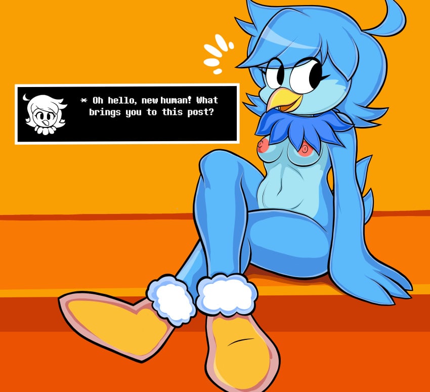 1girls 2d absurd_res anthro avian bird blackmore blue_body boots boots_only breasts casual casual_nudity clothing dialogue digital_media_(artwork) english_text female female_only footwear fur furniture hi_res humanoid inside martlet_(undertale_yellow) navel nipples nude shoes small_breasts solo table tail talking text undertale undertale_(series) undertale_yellow