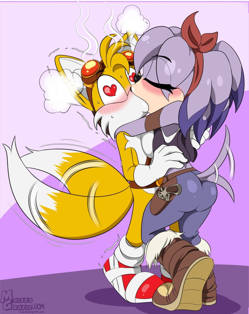 1boy1girl blush breast_squish french_kissing heart-shaped_pupils kissing moisesgrafic perci_the_bandicoot sonic_(series) sonic_boom tails tongue_kiss wagging_tail