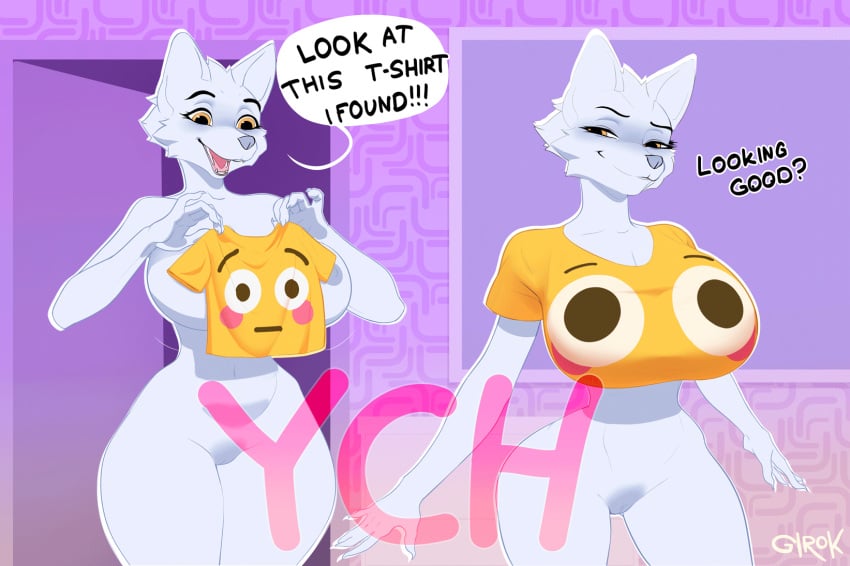 animated anthro big_breasts blushing_emoji bottomless bouncing_belly bouncing_breasts breasts bulging_smiley_shirt_meme canid canine canis clothing emoji english_text excited featureless_crotch female flushed_emoji flushed_emoji_shirt fur genitals girok grey_nose happy hi_res holding_clothing holding_object holding_shirt holding_topwear huge_breasts jumping looking_at_viewer mammal naughty_face navel nipples nude open_mouth pussy shirt solo text thick_thighs topwear white_body white_fur wide_hips wolf