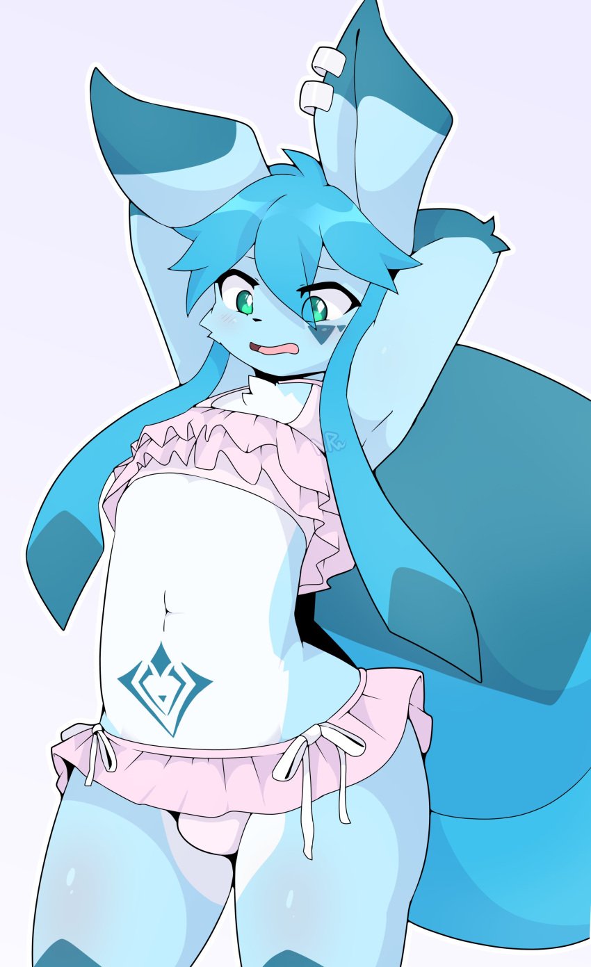 1boy absurd_res anthro anthrofied arm_tuft belly blue_eyes blue_hair blush blush_lines body_blush bulge chest_tuft clothed clothed_male clothing crossdressing digital_media_(artwork) ear_piercing ear_ring eeveelution elbow_tuft embarrassed facial_markings femboy fur furgonomics furry furry-specific_piercing generation_4_pokemon girly glaceon gloves_(marking) hair hands_behind_head head_markings hi_res leg_blush male male_anthro male_only markings multicolored_body multicolored_fur navel nightmareroa nintendo open_mouth outline piercing pink_clothing pink_topwear pokemon pokemon_(species) pubic_tattoo ring_piercing signature simple_background skirt solo solo_male thigh_blush tongue topwear tuft two_tone_body two_tone_fur underwear white_belly white_body white_fur