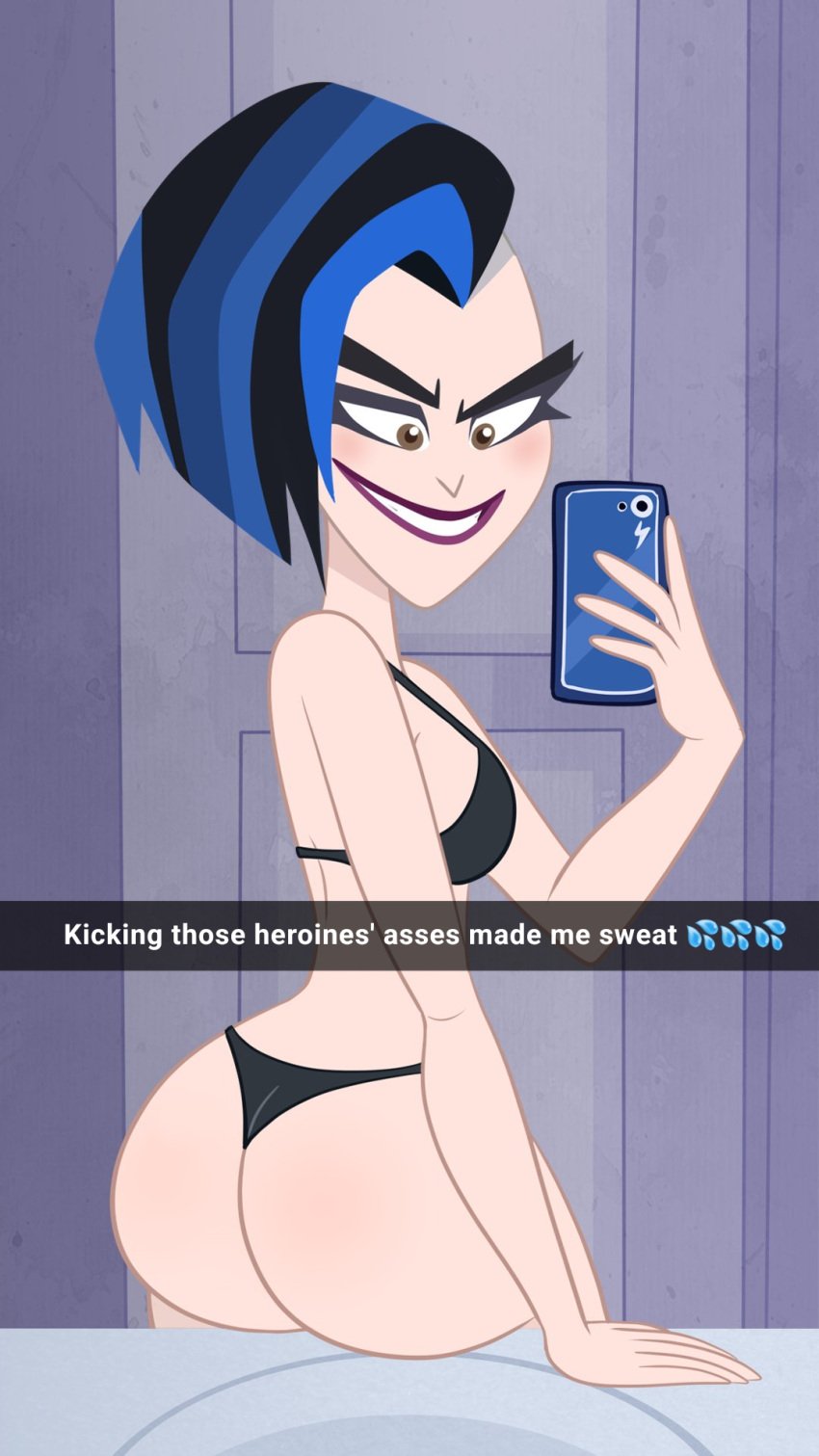 1girls 2d 2d_(artwork) 2d_artwork ass ass_focus big_ass big_butt bikini bikini_bottom bikini_top black_bikini black_bra black_panties blue_hair bra breasts brown_eyes camera cleavage clothed clothed_female clothing colored_hair dc dc_comics dc_super_hero_girls edit edited english_text female female_focus female_only hair huge_ass huge_butt human javitru_ leslie_willis leslie_willis_(shg) lipstick livewire looking_back midriff mirror mirror_selfie multicolored_hair pale-skinned_female pale_skin panties partially_clothed phone presenting presenting_hindquarters purple_lipstick scobionicle99 selfie short_hair sideboob sink smartphone smile smiling snapchat solo solo_female solo_focus swimsuit text thong underwear villain