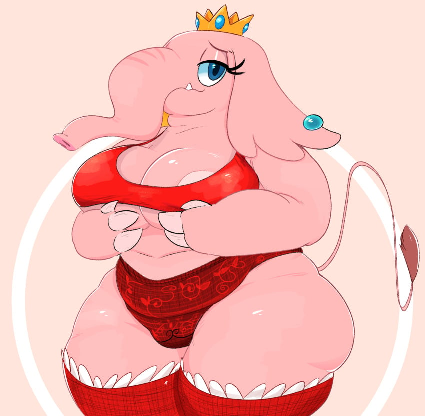 absurd_res anthro big_breasts breasts clothing elephant elephant_peach elephantid female goopyarts hi_res huge_breasts legwear lingerie looking_at_viewer mammal mario_(series) nintendo overweight overweight_female princess_peach proboscidean slightly_chubby stockings super_mario_bros._wonder underwear wide_hips