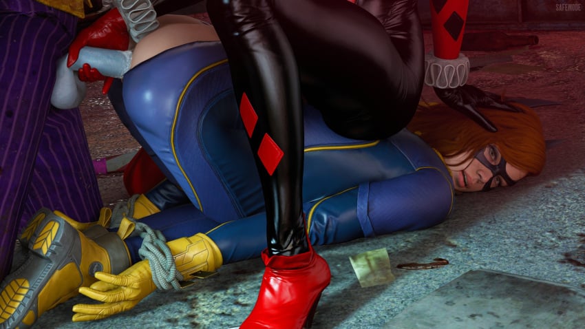 1girls 2girls 3d all_fours assisted_rape batgirl batgirl_(gotham_knights) batman:_arkham_knight batman_(series) bent_over dc dc_comics doggy_style female_assisted_rape ffm_threesome from_behind gotham_knights guided_penetration harley_quinn harley_quinn_(arkham) harley_quinn_(arkham_knight) harley_quinn_(classic) joker safemode the_joker