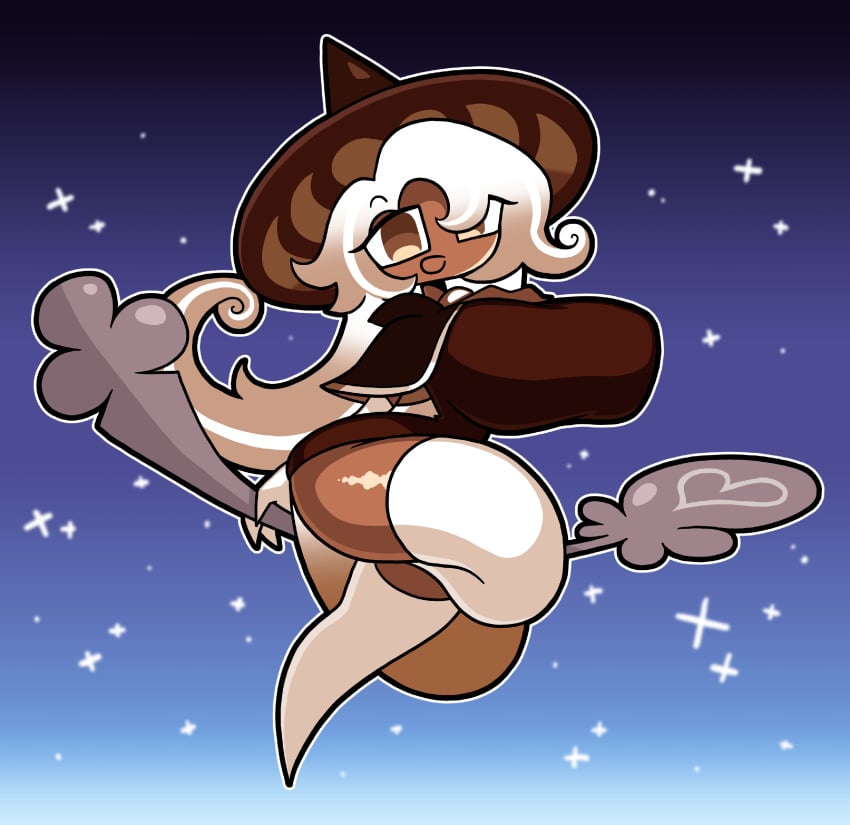 1girls big_breasts breasts broom brown_eyes cookie_run cookie_run_kingdom dark-skinned_female flying hourglass_figure latte_cookie_(cookie_run) night_sky solo thick_thighs three-tone_hair tungmi9697 voluptuous voluptuous_female witch_hat