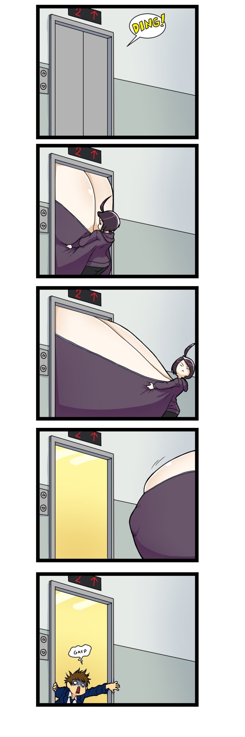 1boy1girl 5koma breasts_bigger_than_body casual_hyper colossal_breasts comic elevator english_text funny gasp gasping hi_res hoodie huge_breasts hyper hyper_breasts icymasamune impossible_clothes impossible_fit slice_of_life squeezing_breasts suit suit_and_tie text_bubble top_heavy