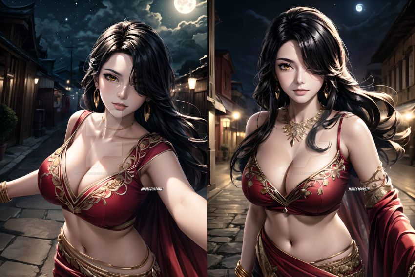 1girls ai_generated black_hair cinder_fall gold_eyes mrvectorpath rwby saree sari