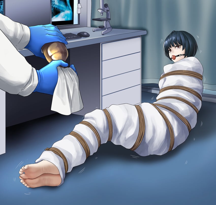 1girls ball_gag barefoot bondage feet female gag gagged legs_together on_ground persona persona_5 rope_bondage short_hair soles struggling tae_takemi tied_up toes yanx5