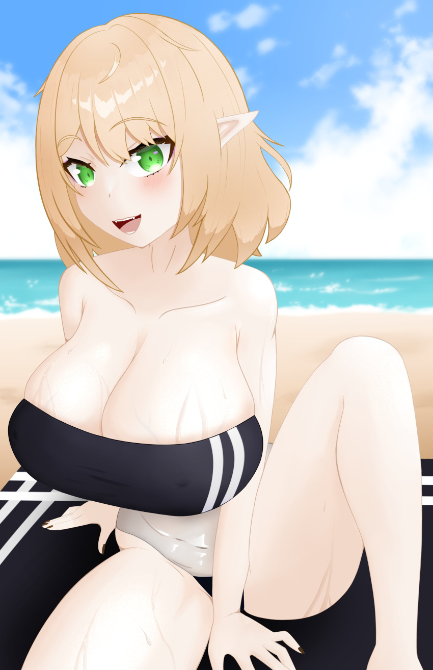 1girls beach big_breasts blonde_hair blush breasts elara_(vtuber) elf elf_ears elf_female green_eyes indie_virtual_youtuber looking_at_viewer open_mouth ricepanda69 short_hair smile swimsuit virtual_youtuber wet