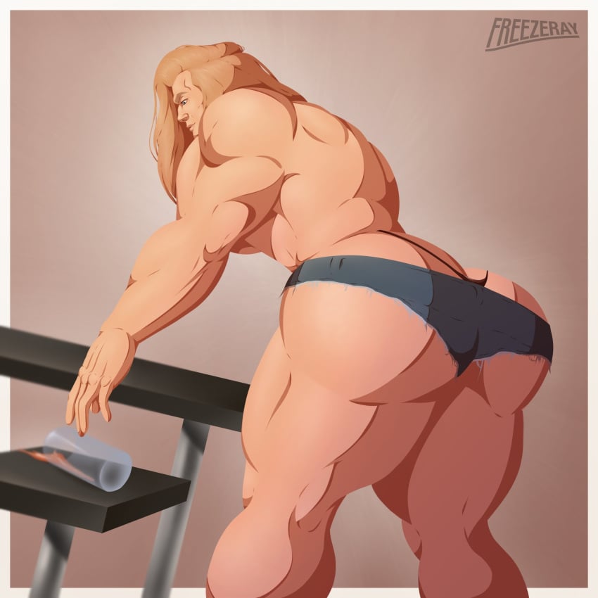 1boy 1human 1male 2d 2d_(artwork) 2d_artwork bara bara_ass bara_tiddies bara_tits beefy big_ass big_ass_(male) big_butt blonde_hair blue_eyes bubble_ass bubble_butt commission daisy_dukes dumptruck_ass dumptruck_butt fat_ass fat_butt freezeray04 himbo huge_ass huge_butt long_hair male male_focus male_only masculine muscles muscular muscular_ass muscular_butt muscular_male oc original original_character picking_up plump_ass plump_butt round_ass round_butt scantily_clad skimpy_bottomwear solo solo_focus solo_male spilled_drink thick_ass thick_butt thong