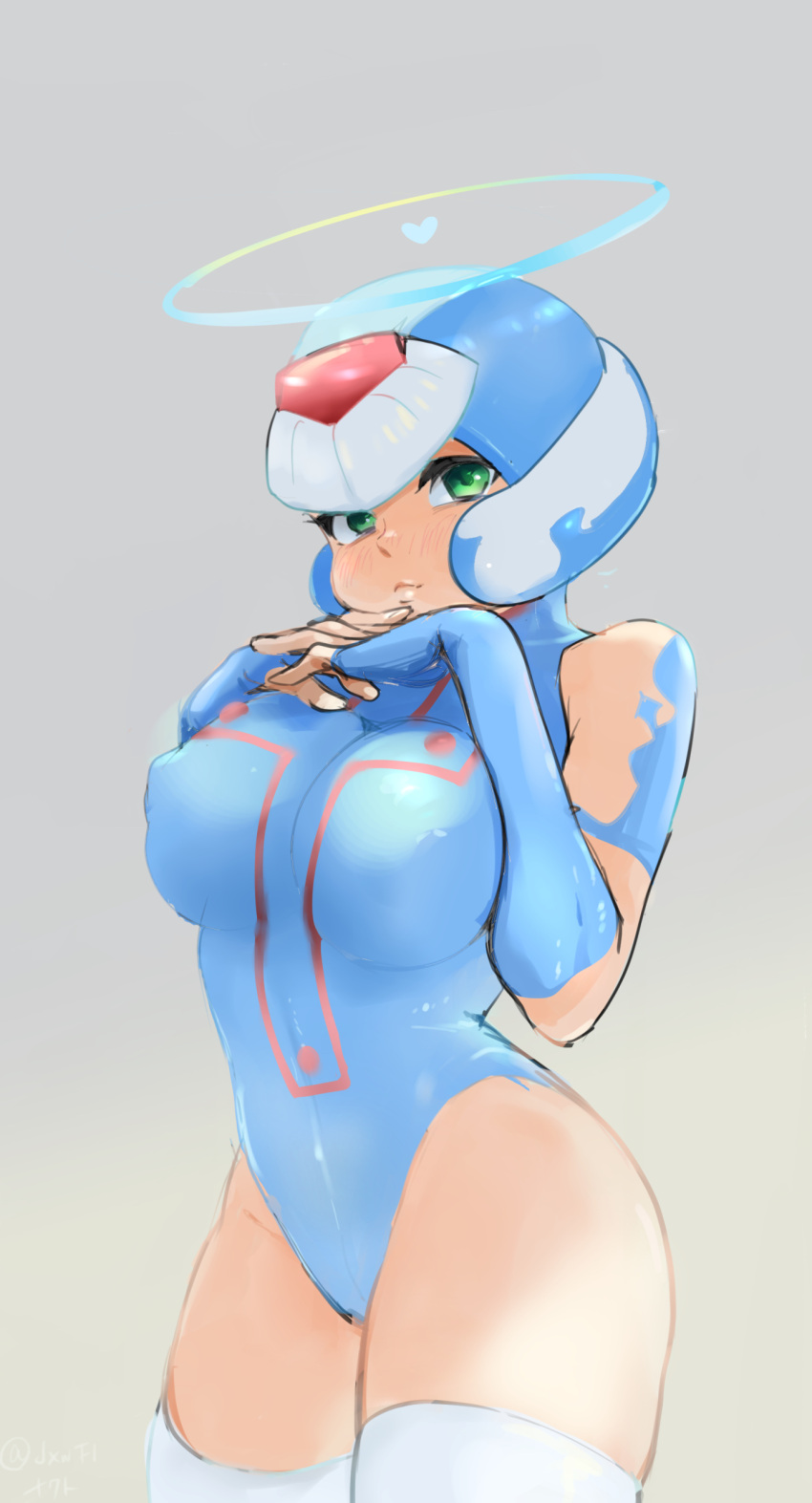 1girls absurdres breasts capcom genderswap_(mtf) green_eyes halo heart helmet highres jxwfl leotard mega_man mega_man_zero rule_63 rule_63 thighhighs thighs wide_hips x_(mega_man)