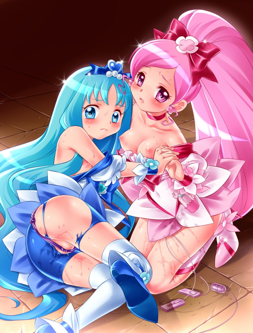 2girls blue_eyes blue_hair blush bondage bow clothing crotch_rope cure_blossom cure_marine erika_kurumi female female_only heartcatch_precure! heartcatch_pretty_cure! highres jpg long_hair magical_girl multiple_girls nekozawa_yukari nipples pink_eyes pink_hair post_orgasm precure pretty_cure pussy pussy_juice shorts sippo-soft small_breasts stockings straight_hair thighhighs torn_clothes tsubomi_hanasaki vibrator vibrator_cord yuri