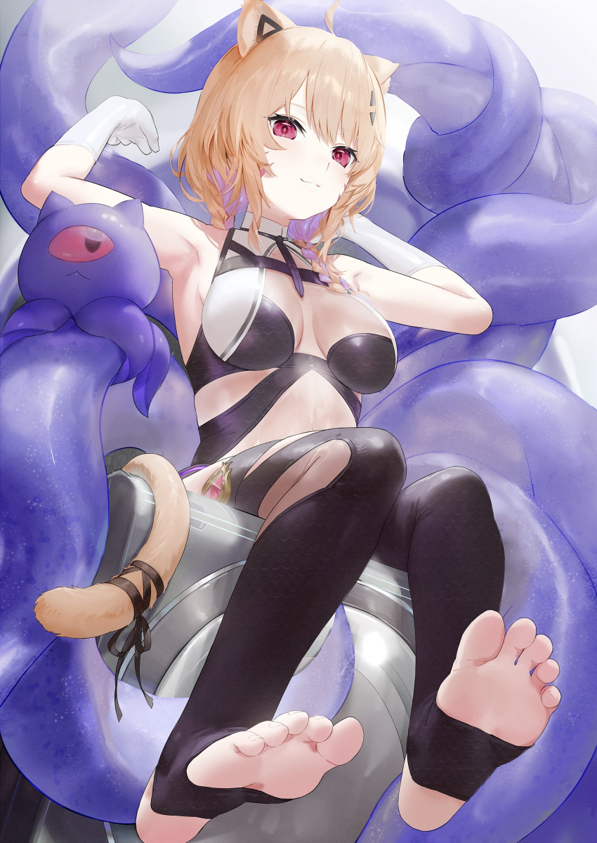 1girl animal_ears arms_up bangs bare_shoulders barefoot black_legwear blonde_hair breasts brown_hair cat_ears cat_tail catgirl face_markings feet female_only gloves looking_at_viewer medium_breasts pink_eyes red_eyes short_hair snake soles solo squchan_(vtuber) swimsuit tail tentacle tentacles toeless_legwear toes virtual_youtuber vyugen