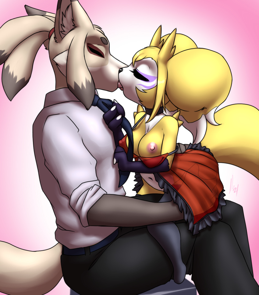 2_horns anthro bandai_namco breasts canid canine choker closed_eyes clothed clothing clothing_pull digimon digimon_(species) dress dress_shirt duo facial_markings female fox french_kissing furball genji hand_on_butt hand_on_chest head_markings hi_res holidays horn hybrid imp impmon jewelry kiss_on_lips kissing larger_male larger_male_smaller_female legwear male male/female mammal markings navel necklace necktie necktie_pull nipples on_lap red_clothing red_dress renamon renimpmon renimpmon_x shirt short_stack simple_background sitting sitting_on_another size_difference smaller_female stockings tongue topwear translucent translucent_clothing valentine's_day