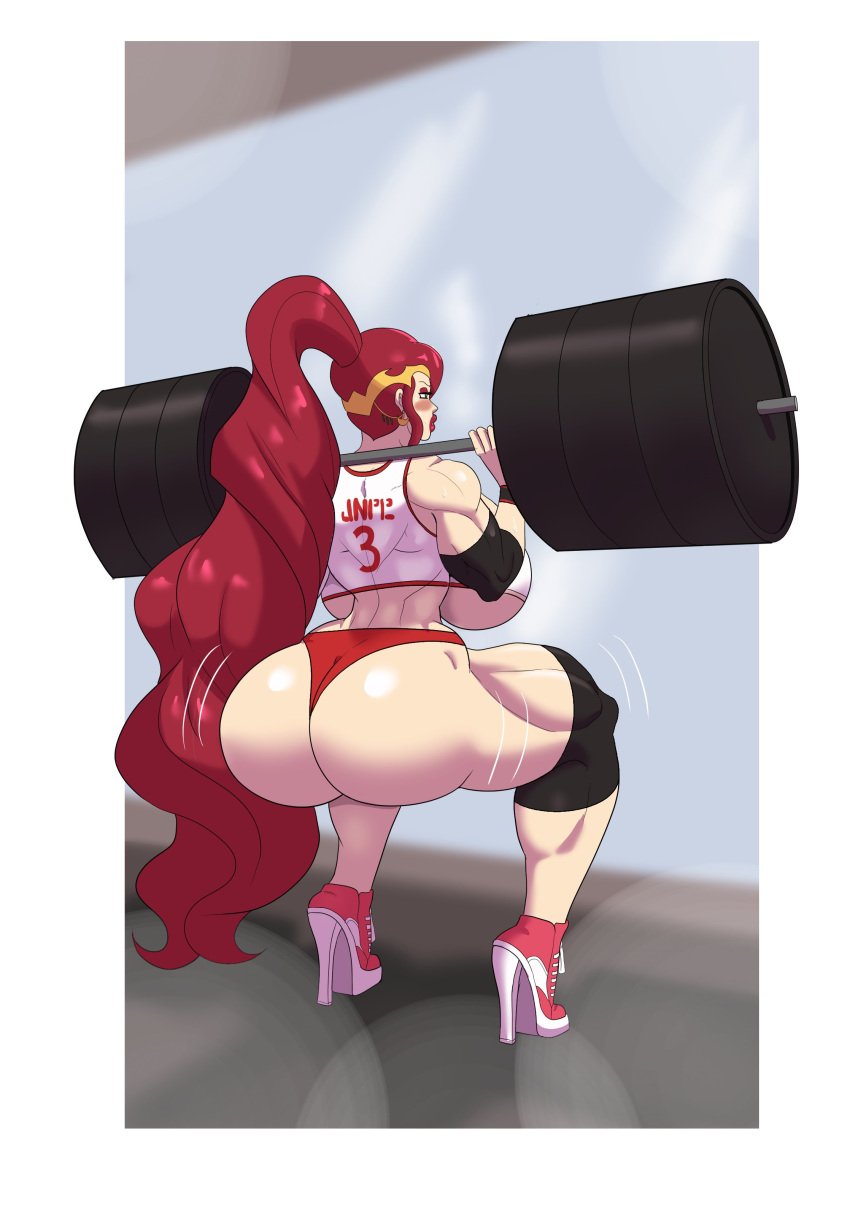 1girls annon ass big_hair bimbo breasts earrings exercise from_behind gym_clothes high_heel_sneakers high_heels huge_ass huge_breasts knee_pads long_hair looking_back makeup muscular muscular_female pointy_ears ponytail pyrrha_nikos red_footwear red_hair rwby shorts sneaker_high_heels solo squatting tagme thick_thighs thighs thong very_high_heels very_long_hair weightlifting