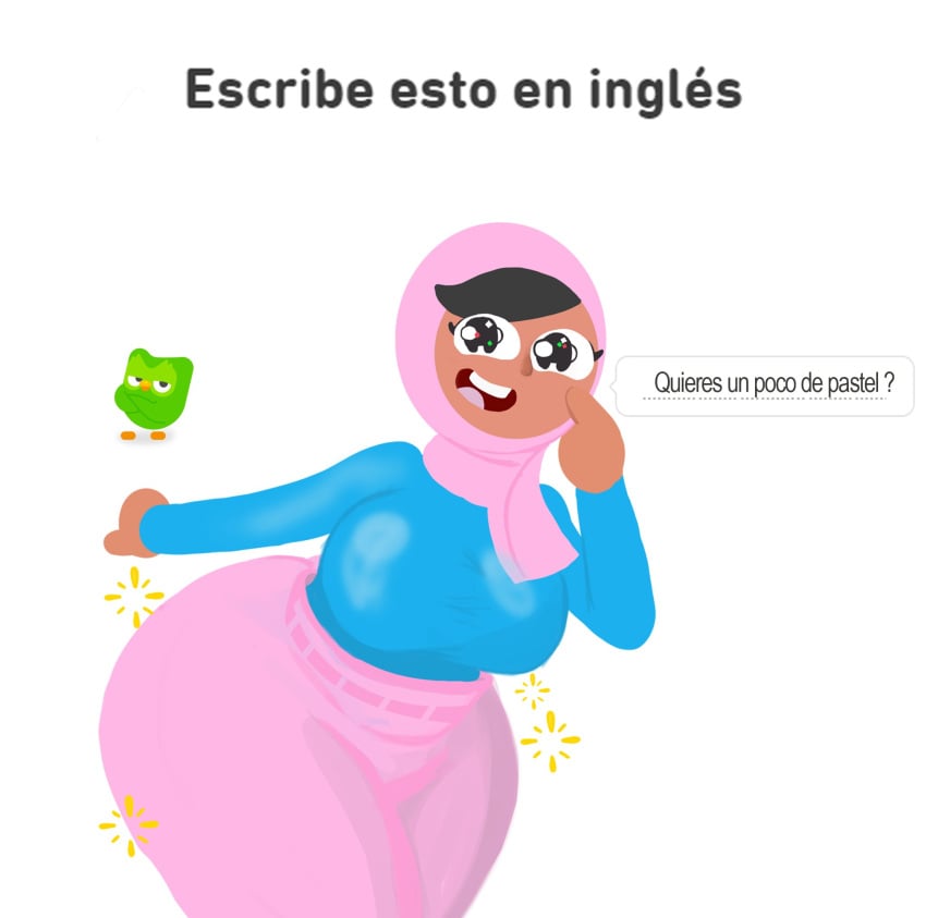 among_us_eyes among_us_reference big_ass big_breasts big_butt cute duolingo half_body happy hijab no_background no_outlines spanish_text thelusoco thick_thighs zari_(duolingo)