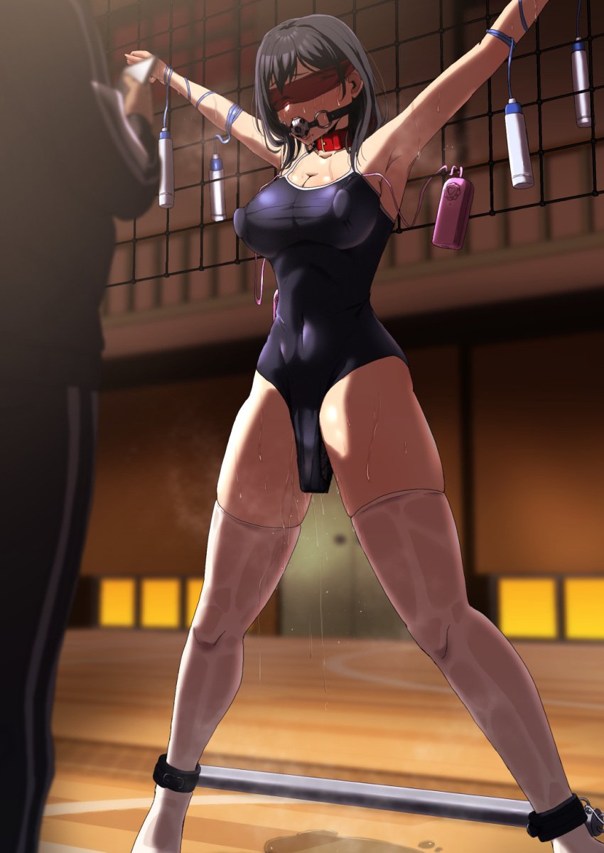 1boy ball_gag black_hair black_one-piece_swimsuit blindfold blurry blurry_background bondage bound breasts cleavage commentary_request commission competition_school_swimsuit covered_navel dildo dildo_under_panties female gag gym haikyuu!! highres holding holding_phone indoors jump_rope large_breasts medium_hair mole mole_under_mouth nipple_stimulation one-piece_swimsuit phone pussy_juice pussy_juice_puddle red_blindfold restrained school_swimsuit sex_toy shimizu_kiyoko skeb_commission solo_focus spreader_bar standing swimsuit thighhighs track_suit vibrator vibrator_on_nipple vibrator_under_clothes vibrator_under_swimsuit white_thighhighs zetsu_red