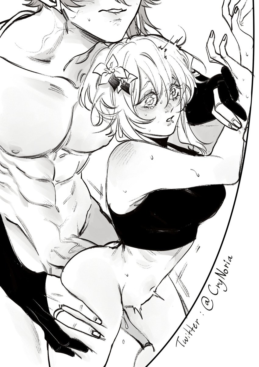 1boy 1girls abs alhaitham_(genshin_impact) artist_name ass blush bottomless breasts crop_top crynoria genshin_impact lumine_(genshin_impact) monochrome nipples nude nude_male penetration penis sex_from_behind short_hair standing straight sweat text