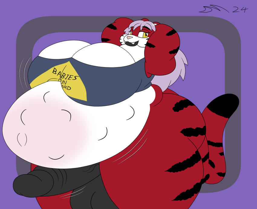 absurd_res anthro dirtymac felid feline fur hair hi_res male mammal morbidly_obese morbidly_obese_anthro morbidly_obese_male obese obese_anthro obese_male overweight overweight_anthro overweight_male pantherine pink_hair pregnant pregnant_male red_body red_fur stripes tiger yellow_eyes